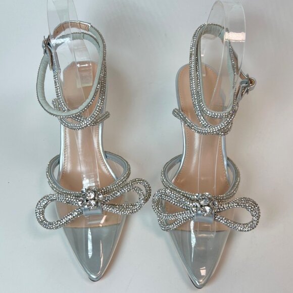 Silver Rhinestone Pointed Toe  Heels High Strappy  Bow Sandals Women Size 5.5 - Picture 3 of 9